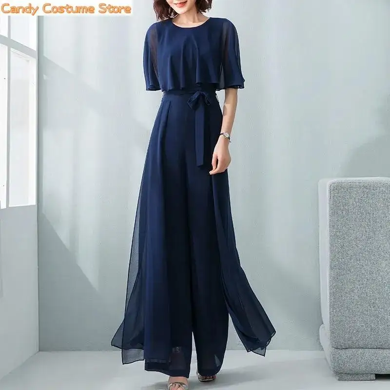 New Womensummer Chiffon Jumpsuits Female Casual O Neck Sashes Overalls Ladies Wide -Leg Romper Solid Streetwear Playsuit