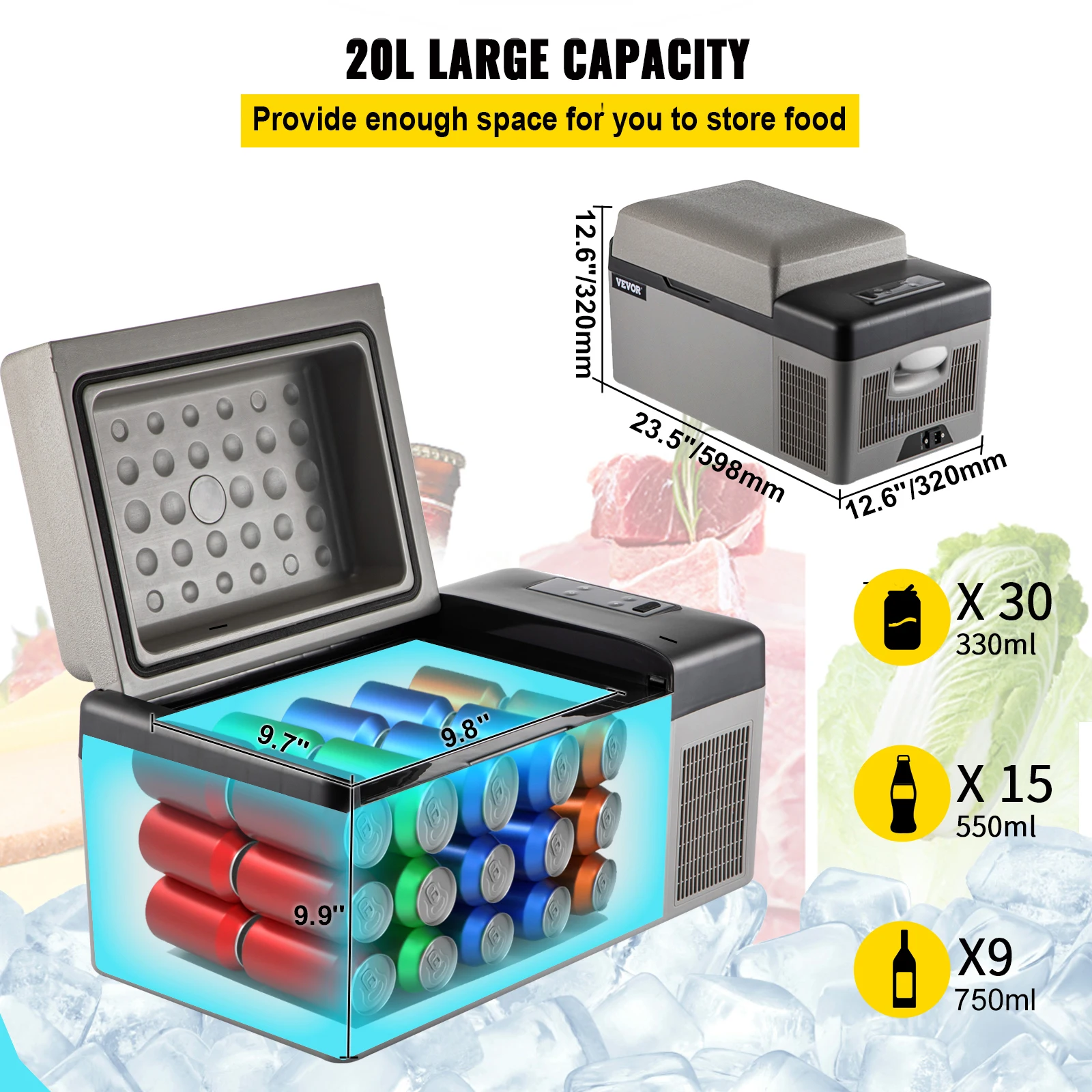 VEVOR lodówka samochodowa 20L sprężarka przenośna mała lodówka z zamrażarką Mini elektryczna chłodnica do jazdy wędkarstwem podróżnym