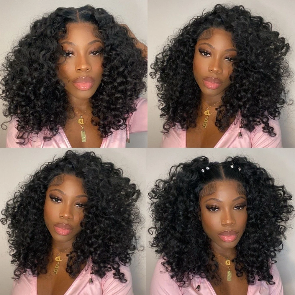 Short Bob Wig Lace Front Wigs for Women Afro Kinky Curly Wigs Ombre Brown Synthetic Middle Nature Hair Black Headgear with Clips - Image 4