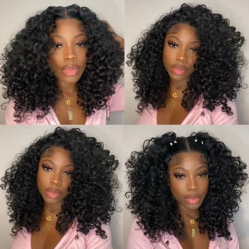 Short Bob Wig Lace Front Wigs for Women Afro Kinky Curly Wigs Ombre Brown Synthetic Middle Nature Hair Black Headgear with Clips - Image 4