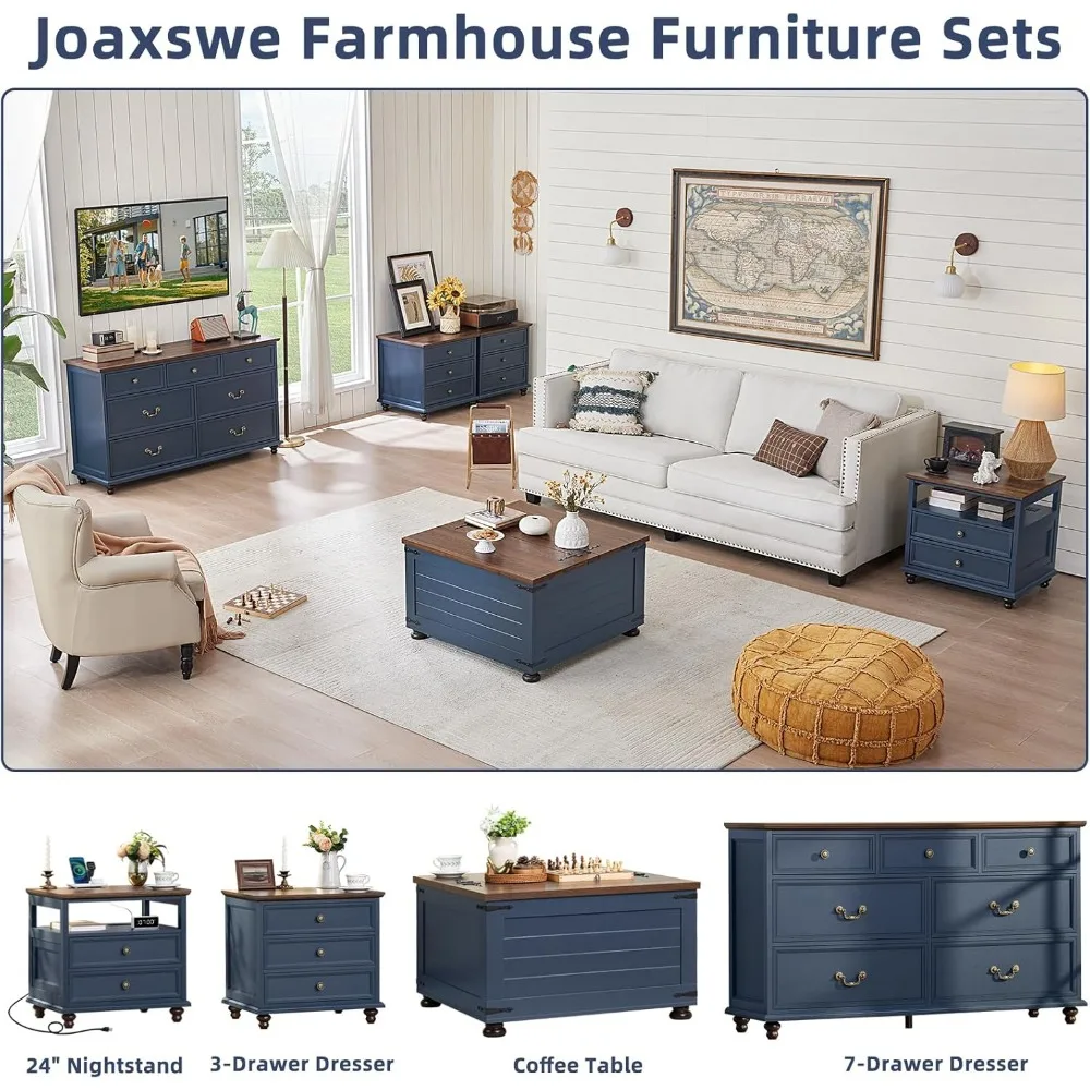 Farmhouse Coffee Table with Hidden Storage, Gallon Square Center Table for Living Room, Rustic Wood Cocktail Tables 3