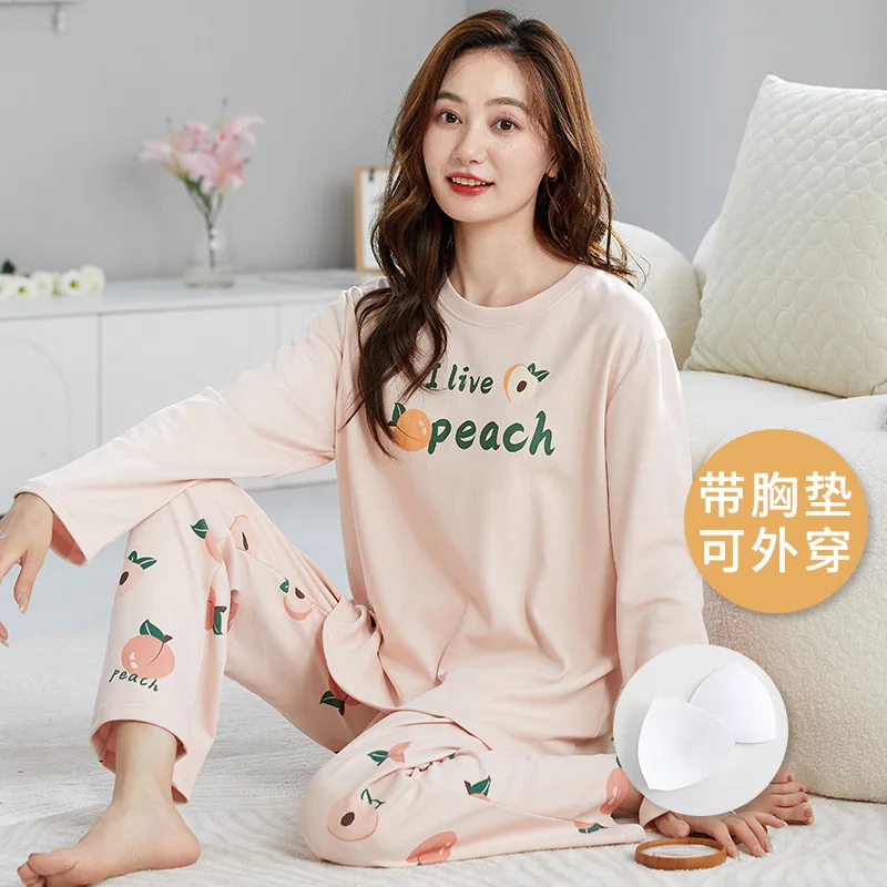 Autumn Women's Sleepwear with Bra Padded Cotton Home Clothes Female Youth Girl Pajamas Set Fashion Printed Pijamas Mujer Pjs