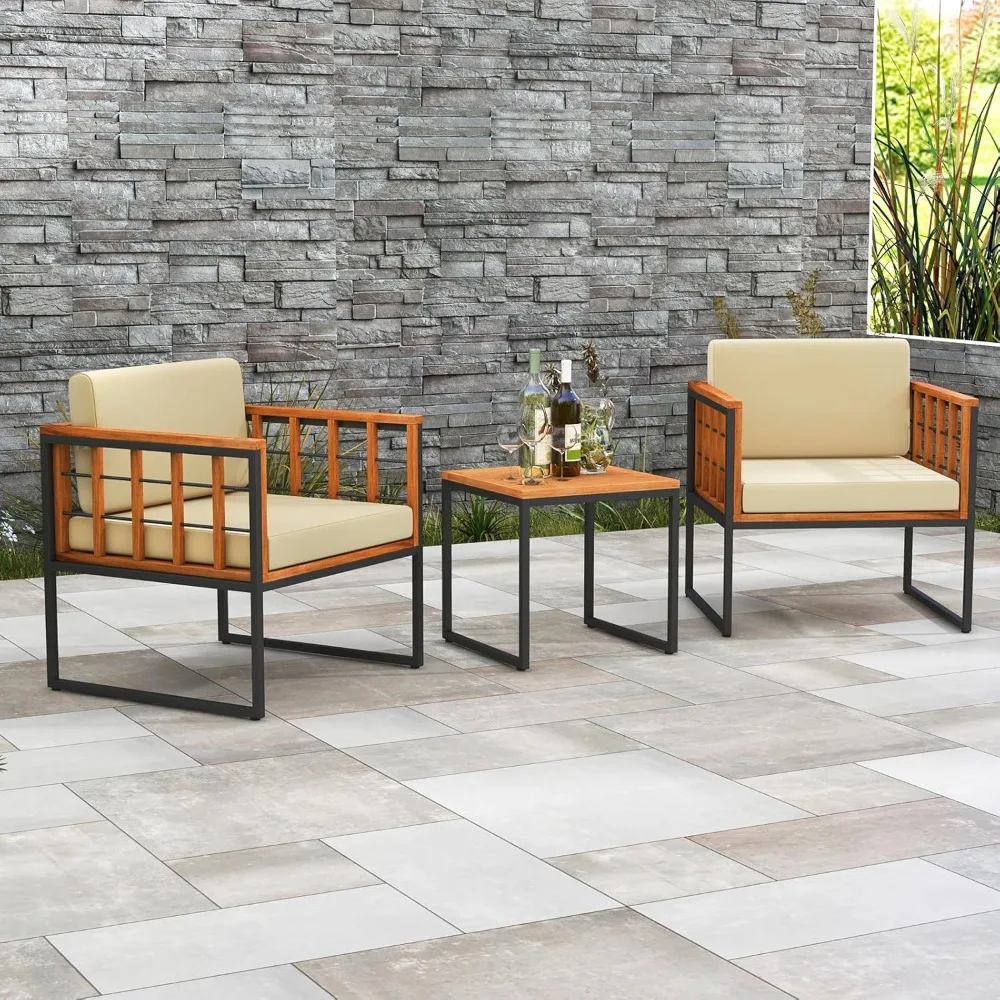 3 Pieces Patio Chair Set, Acacia Wood Outdoor Sofa Set with Metal Support, Soft Seat & Back Cushions Included, Cushions 2