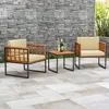 3 Pieces Patio Chair Set, Acacia Wood Outdoor Sofa Set with Metal Support, Soft Seat & Back Cushions Included, Cushions 2