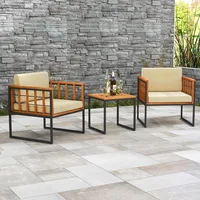 3 Pieces Patio Chair Set, Acacia Wood Outdoor Sofa Set with Metal Support, Soft Seat & Back Cushions Included, Cushions 2