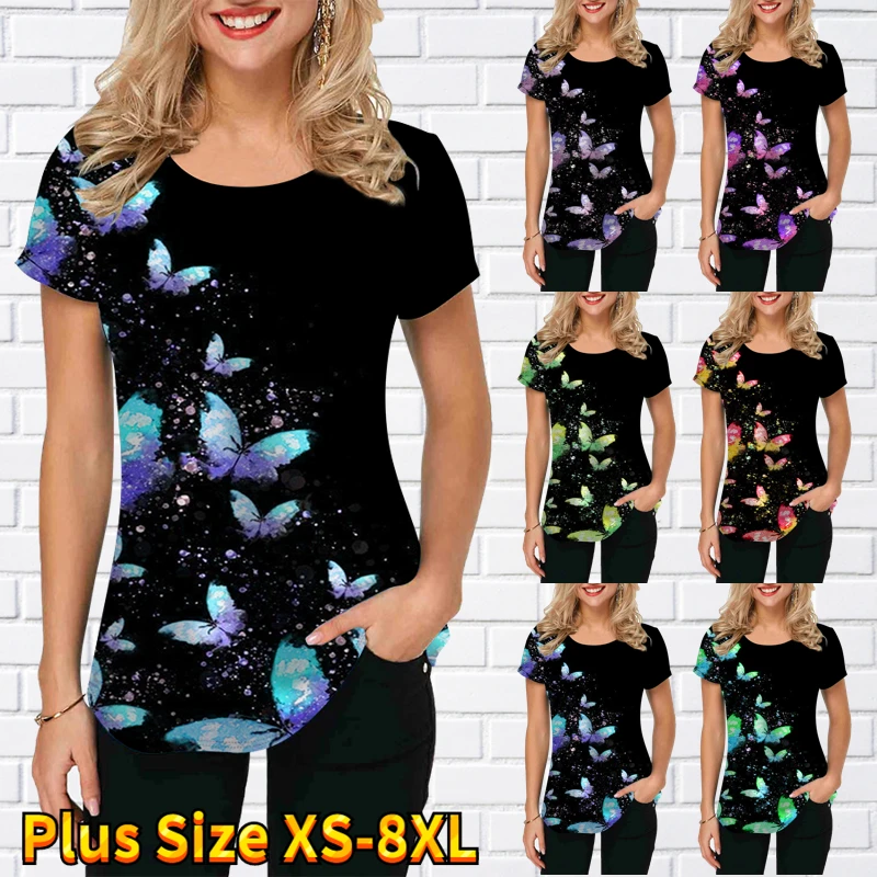 

Рубашка с бабочкой, рубашка с круглым вырезом, летняя женская футболка с коротким рукавом-бабочкой, повседневный Обычный Новый женский топ