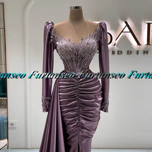 2023 Taffeta Mermaid Prom Dresses Long Sleeve Beaded Ruched