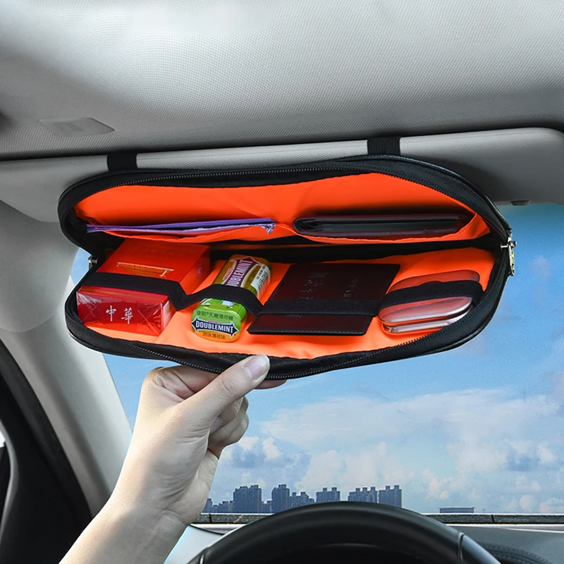 Povtii Car Sun Visor Organizer - Leather Multi-Pocket Holder For License, Cards, Pens, Sunglasses