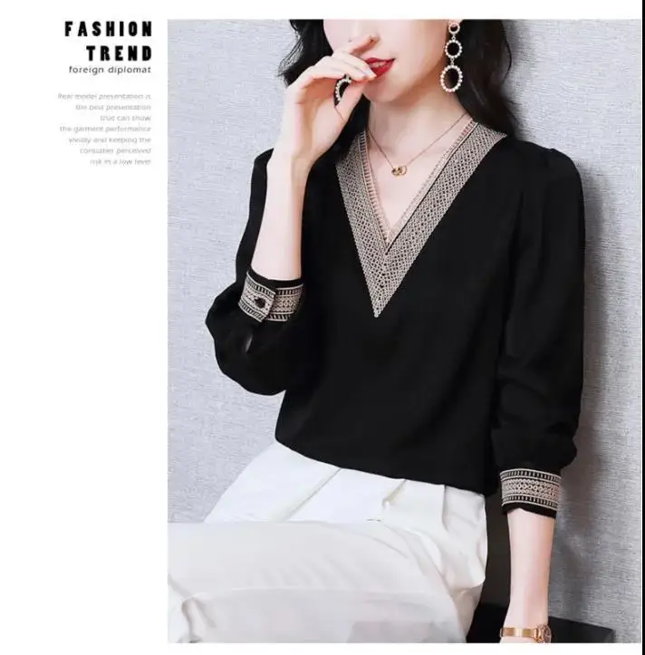 Elegant Fashion V-neck Embroidery Hollow Out Dignified Shirt New Summer Autumn 2022 Long Sleeve Solid Color Women's Clothing
