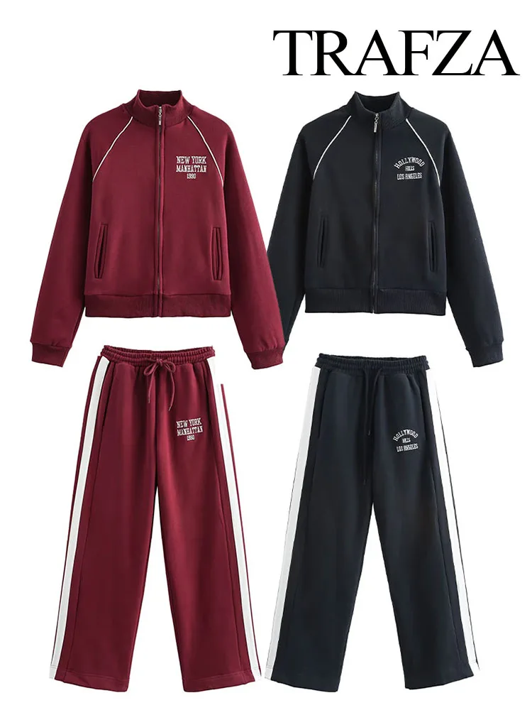 TRAFZA Women's Pant 2-Piece Set Female Fashion Versatile Printed Velvet Zip Jacket+Commuting Elastic Waist Belted Casual Pants 6