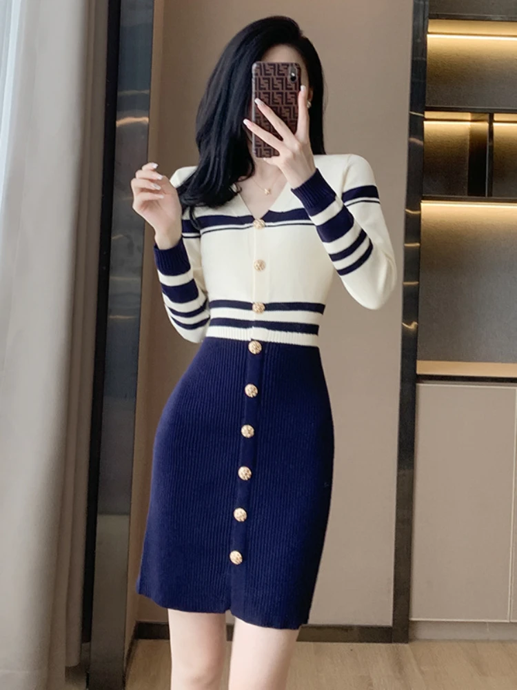 

Korean Chic Long Sleeve Knit Dress Women Autumn Winter V-neck Metal Buttons Slim High Waist Striped Pattern Mini Sweater Dress