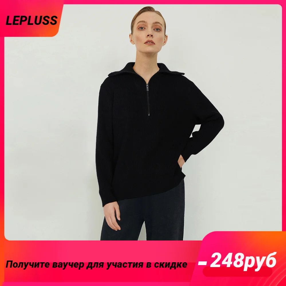 

Sweater Women's Pure Black Top Zip Lapel Casual Temperament Women's Clothing