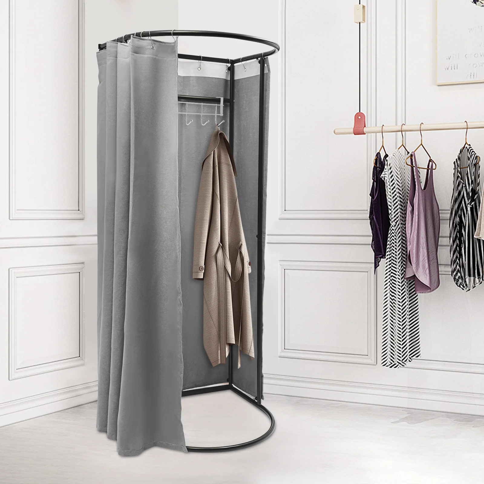 Grey Portable Clothing Store Dressing Room High Load-bearing Capacity Fitting Room with Grey Shading Curtain Freestanding