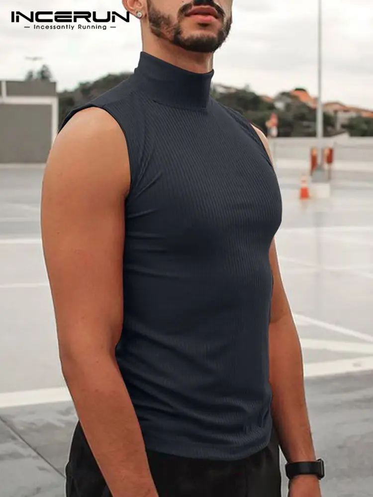 Black Sleeveless Mock Neck Tank Top Mens Sleeveless Turtleneck