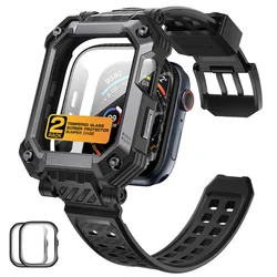 Rugged Shockproof Watch Case with Band & Built - in Screen Protectors (Black)