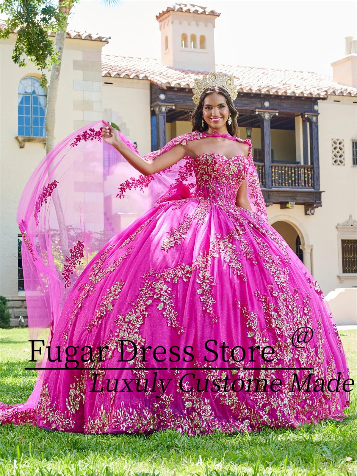 Pink magenta Quinceanera Dresses Sequin decal long sleeved cape skirt Detachable cape and bubble sleeves vestidos para ni&ntilde;as
