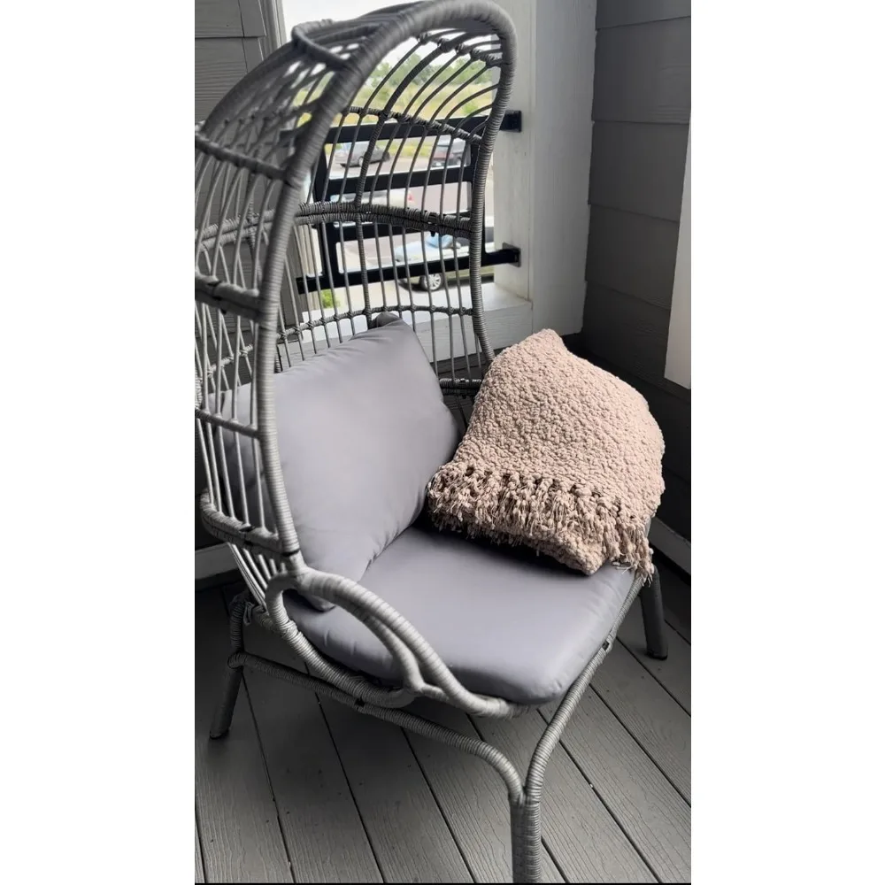 Outdoor Narrow Egg Chair Wicker, Patio Rattan Basket Chair with 370lbs Capacity Indoor Egg Chairs with Stand & Cushion 5