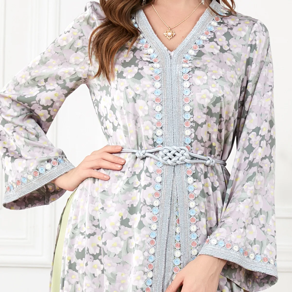 Abayas For Women Muslim Sets Floral Embroidery Guipure Lace Panel Belted Kaftan Split Hem Two Pieces Dress Dubai Turkey Arabic