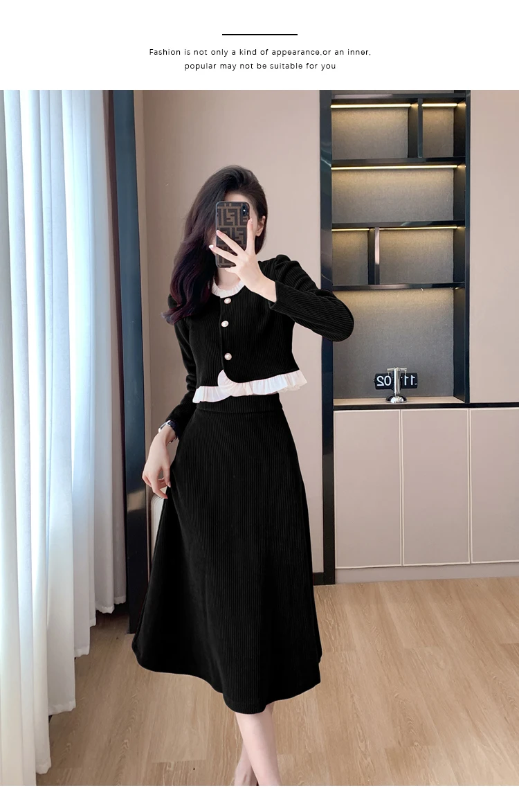 Autumn Winter Corduroy Two-piece Skirt Set Women Long Sleeve Ruffles O-neck Top Solid Midi Skirt Korean Fashion Outfits New