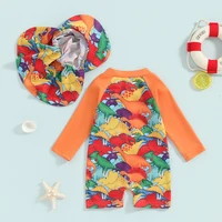 Toddler Boys Rash Guard Swimsuits Romper Long Sleeve Turtle/Dinosaur Print Bathing Suit Baby Swimwear with Cap Kids Beachwear 2