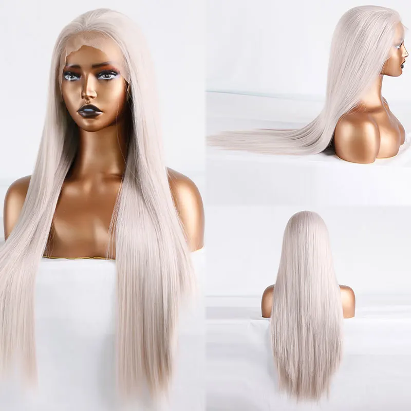 

Glueless Synthetic Lace Front Wig Platinum Grey Straight Heat Resistant Fiber Hair Pre Plucked Natural Hairline For Women Wigs
