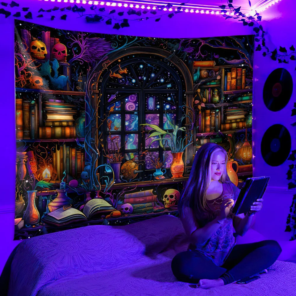 Fluorescent Tapestry Magician's Bookcase Wall Hanging Tapestry Magic Alchemy Art Wall Hanging Creative Tabric Backdrop