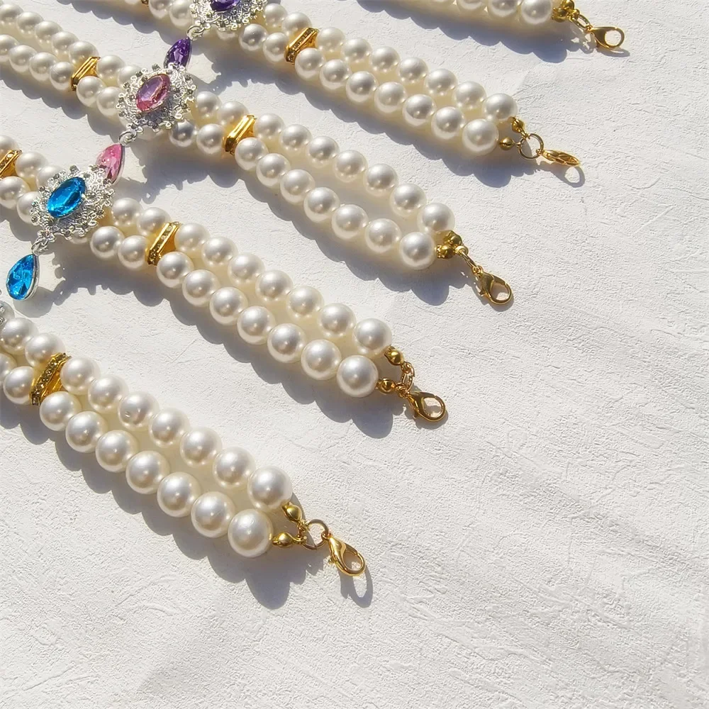 Pet Necklace 1pc Luxury Double Layer Pearl Pet Necklace with Diamond Pendant Wedding Costume Dog Cat Crystal Jewelry Accessories Pet Supplies