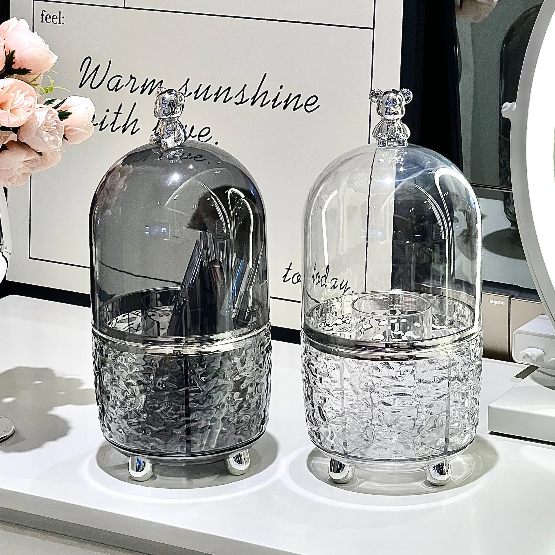 Acrylic 360 Rotating Makeup Brush Holder With Lid Clear Makeup Brush Organizer For Vanity Cosmetic Storage Box Bath Countertop 4