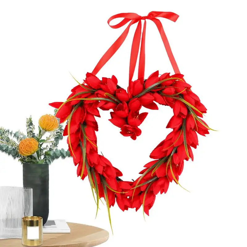 

Valentines Day Wreaths For Front Door Artificial Tulips Heart Door Wreath 14.56in Party Decoration Door Hanger Valentines Day