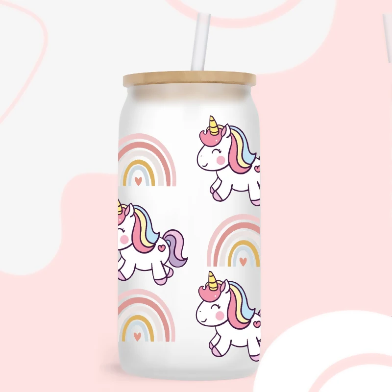 UV DTF Transfer Sticker Watercolor Unicorn Kid Life Rainbow Printed For 16oz Libbey Glasses Can Wraps D5359