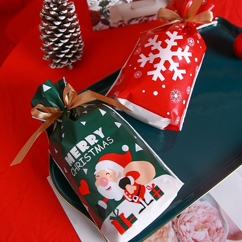10pcs Christmas Gift Bags Navidad Santa Cookies Bag Candy Snowflake Crisp Drawstring Bag Xmas Decorations for Home New Year