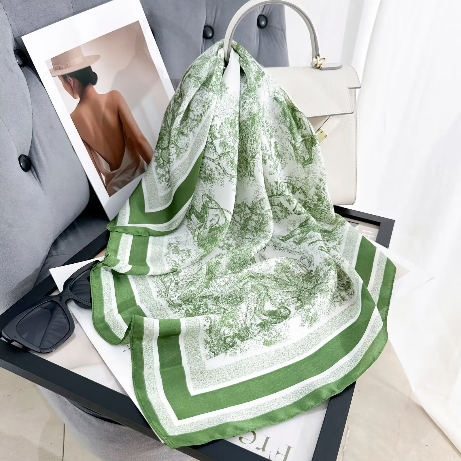 Summer 70cm Hair Print Silk Feeling Scarf For Women Fashion Flowers Neck Tie Hand Bag Foulard Wrist Kerchief Shawl Wraps Hajib