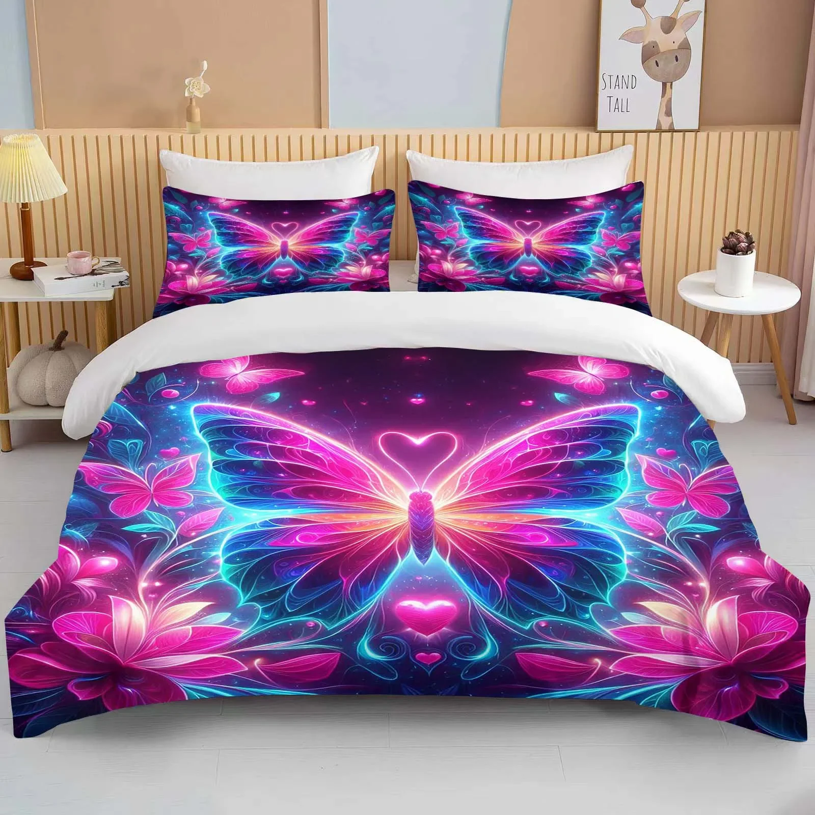 Neon Romantic Butterfly Roses Print Bedding Set Duvet Cover 1 Duvet Cover 2 Pillowcases Adult and Children Bedding Set Luxury
