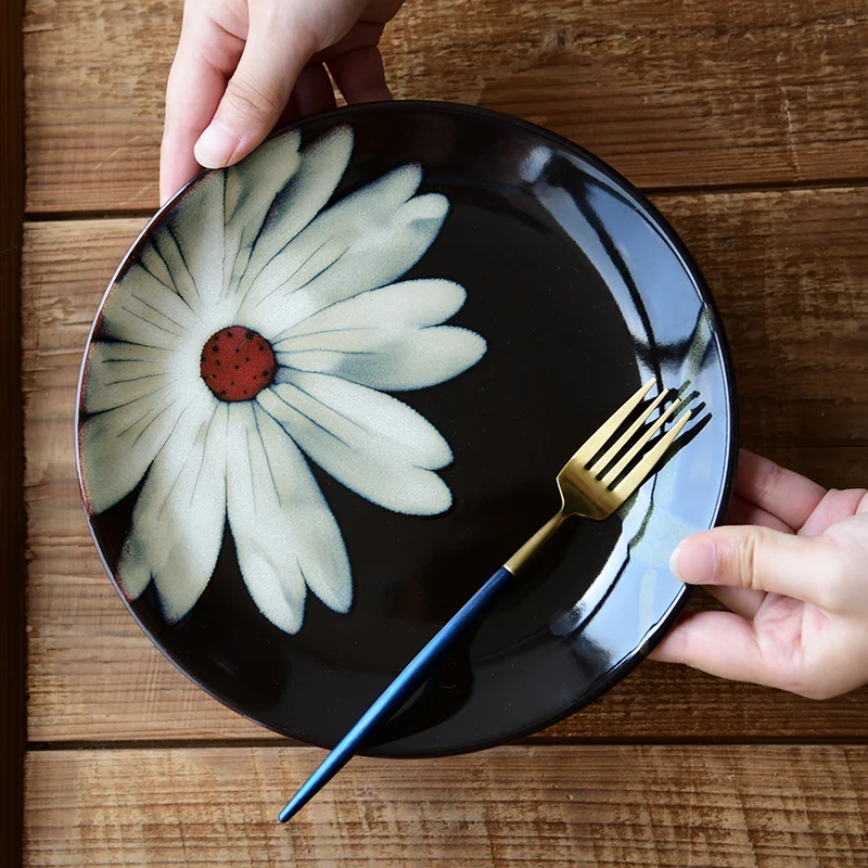 8 inch Vintage Handpainted Floral Plates Underglaze Ceramic Round Serving Dinner Plate Dish Retro Home Decor Kitchen Dinnerware