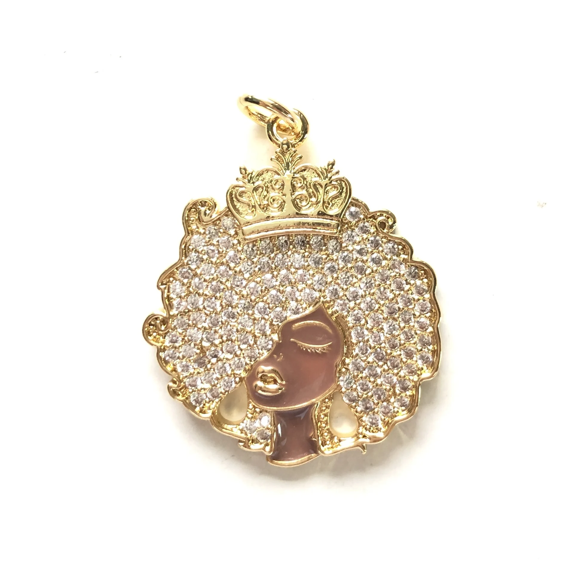5pcs Cubic Zirconia Paved Afro Queen Charm Black Girl Pendant Women Bracelet Necklace Making Bling Jewelry DIY Accessory Supply