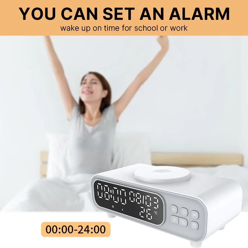 Wireless Charger Pad Time Alarm Clock LED Night Light Thermometer Phone Earphone Fast Charging Station for iPhone Samsung Xiaomi