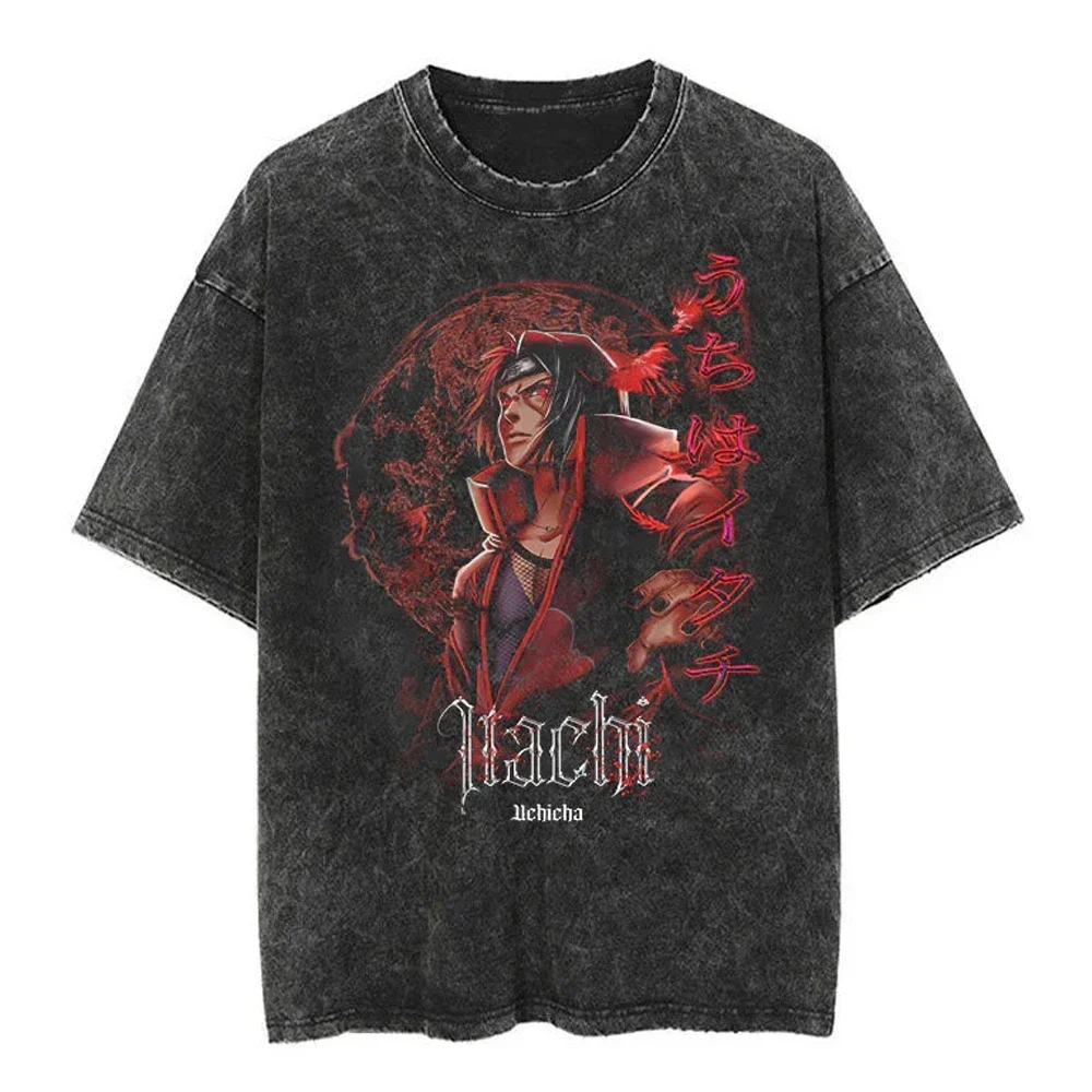 Men Streetwear Tshirt Japanese Naruto Anime Graphic T-Shirt Cotton Harajuku Washed T Shirt Summer Hip Hop Tops Tees Black