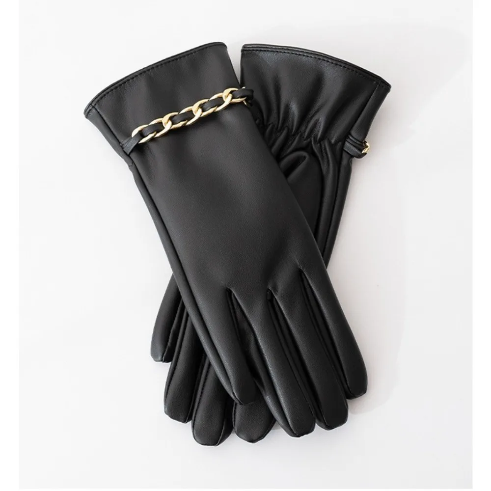 

PU Leather Gloves Minimalism Chain Solid Color Warm Gloves Outdoor Riding Gloves