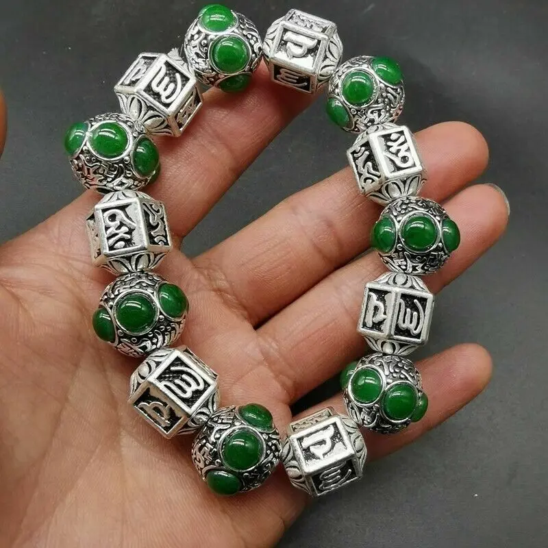 

Exquisite Old Chinese tibet silver inlay green jade handmade bracelet