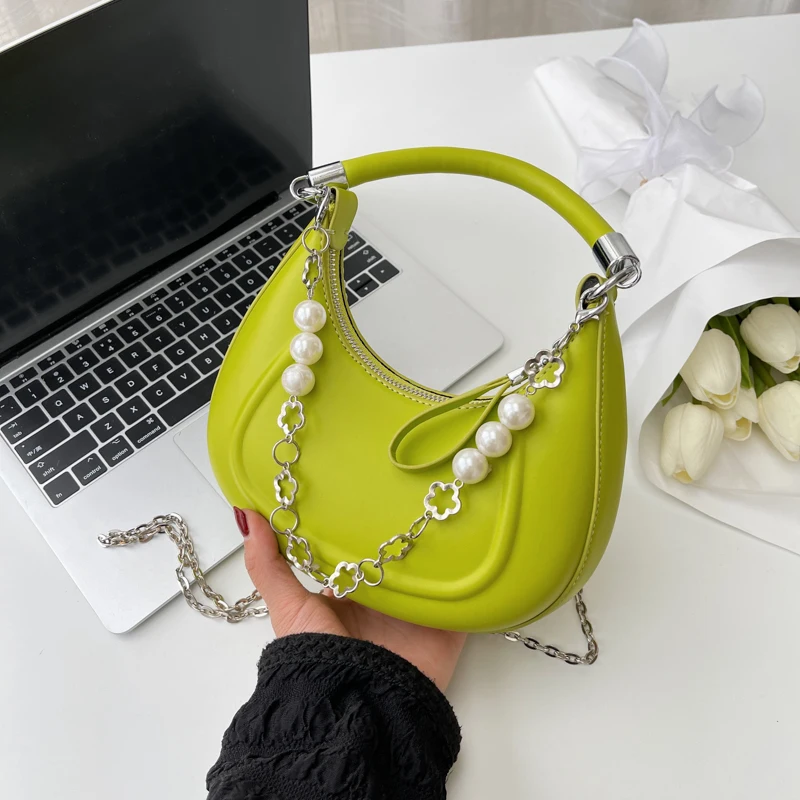 

Simple, fashionable, high-grade, handbag, solid color, crescent, handbag, luxury design, pearl string, lady, single shoulder bag