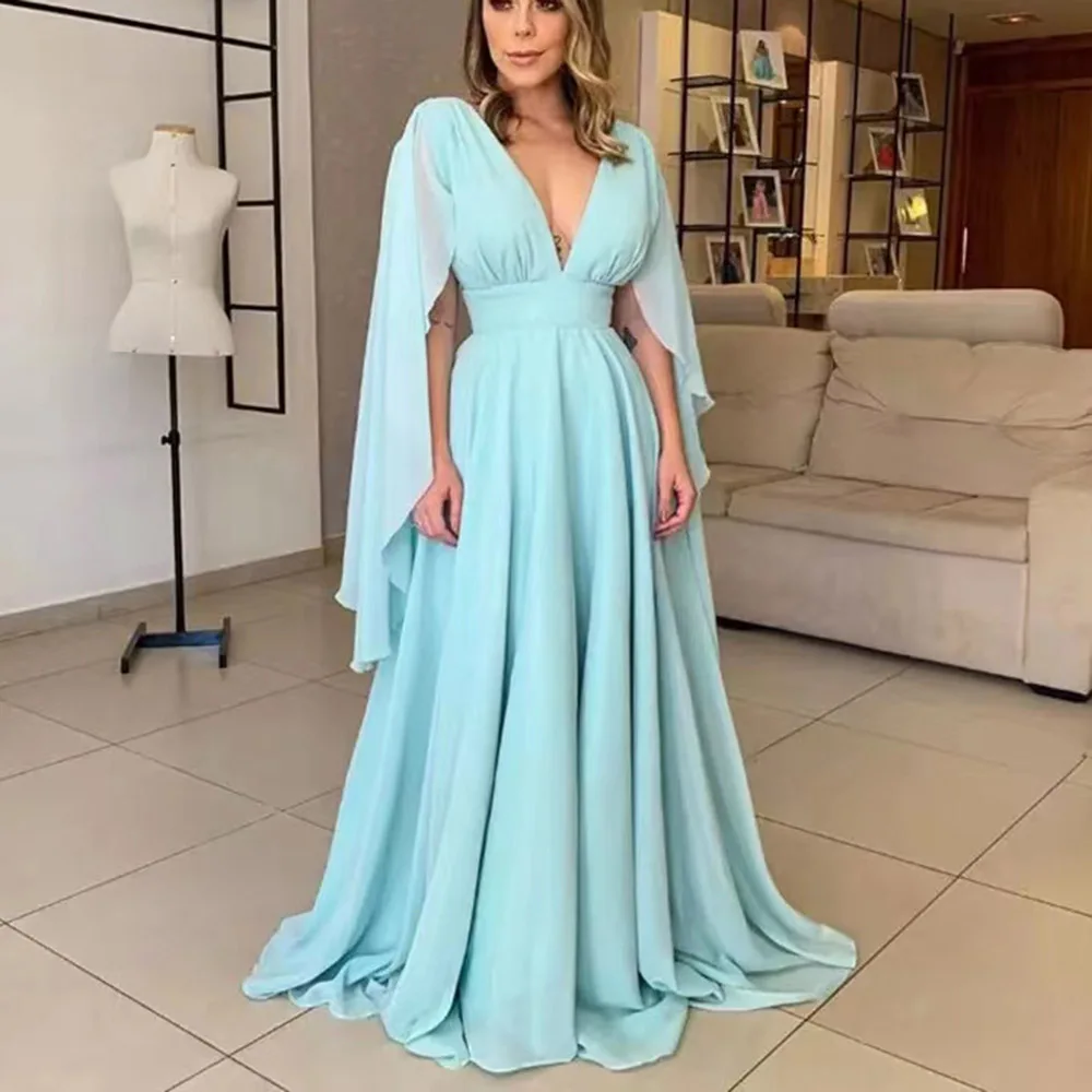 

Sky Blue Mother of the Bride Dresses Modern Chiffon A Line Wedding Party Dresses V Neckline Mother Dress Back Out On Sale