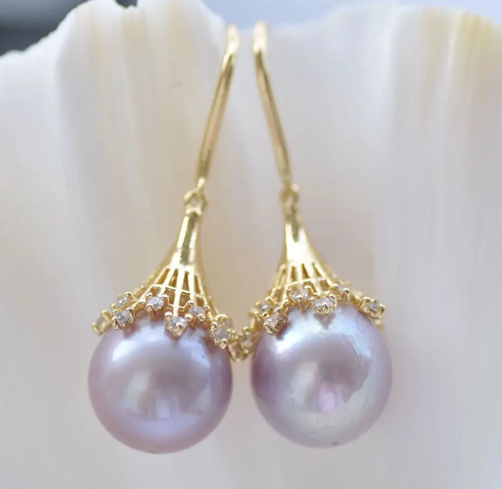 

13mm Lavender Round Edison Keshi Pearl Dangle Earring CZ