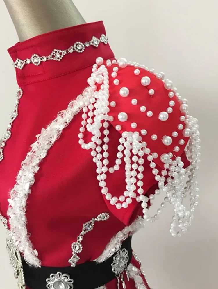 Women's Patchwork Stage Costume Female Singer DS DJ Costume Adult Dancing Clothes with White Pearl Chain Collar girl dance costume