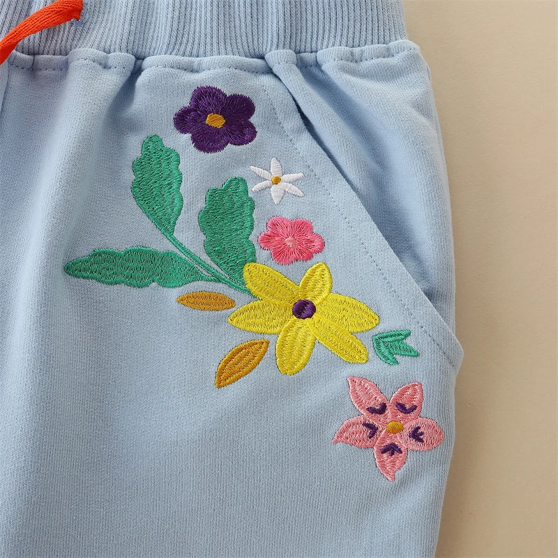 Pantalones de chándal con bordado Floral para niñas, pantalones de bebé con cordón, longitud completa, 2-7T, otoño y primavera