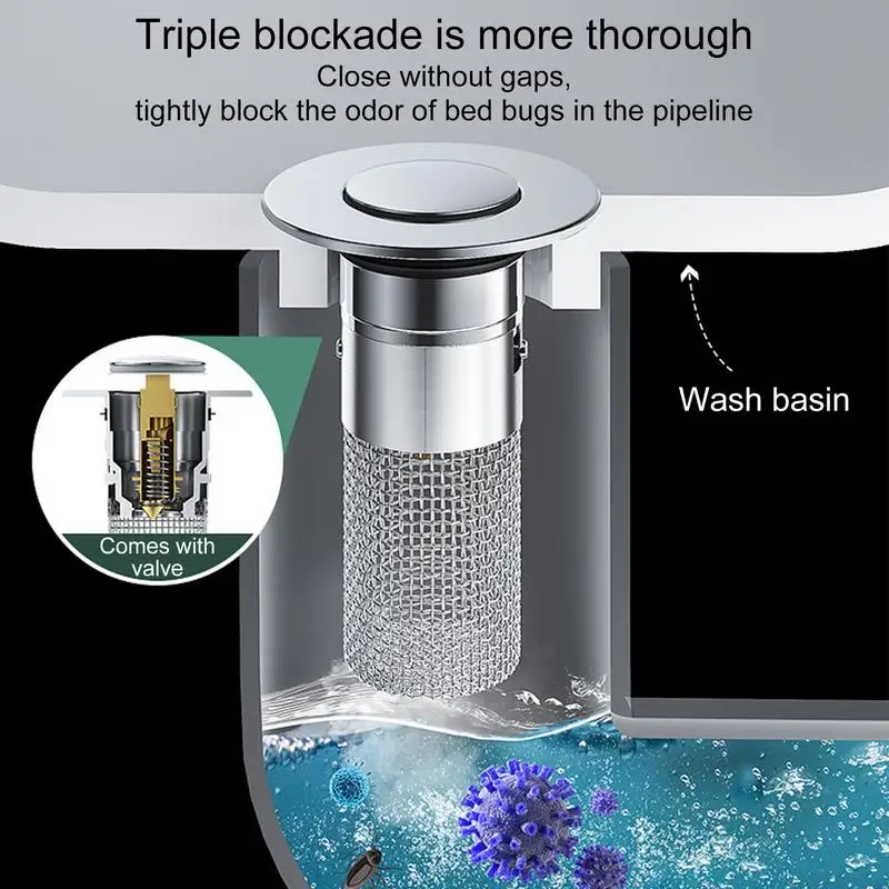 Stainless Steel Floor Drain Filter Washbasin Plug Anti Odor Pop-Up Bounce Core Basin Stopper Hair Catcher Shower Sink Strainer