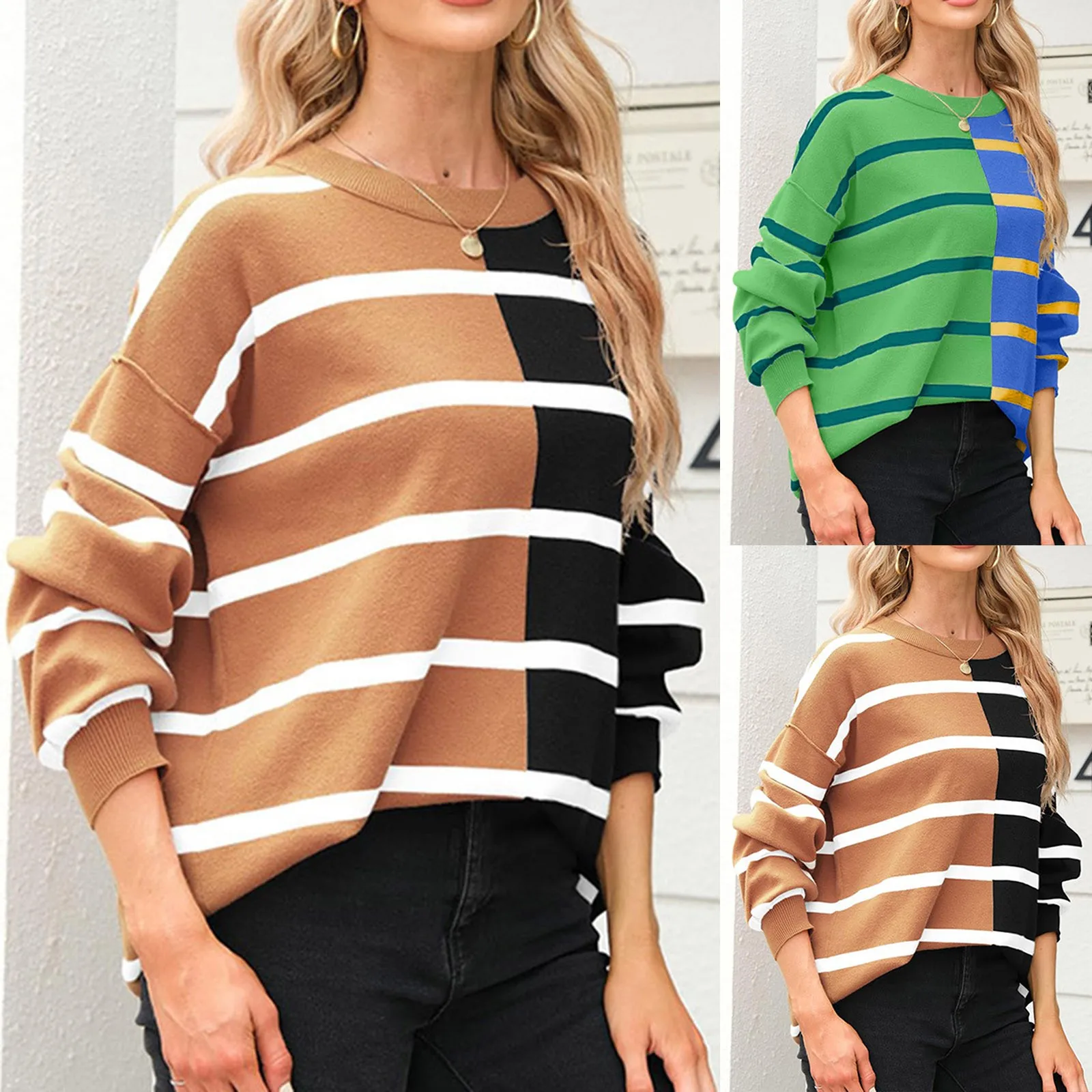 

Hoodless Sweatshirt Women Fashion Pullover Striped Sweatshirts Loose Large Size Solid Color Hood Long Sleeves Sweater Tops