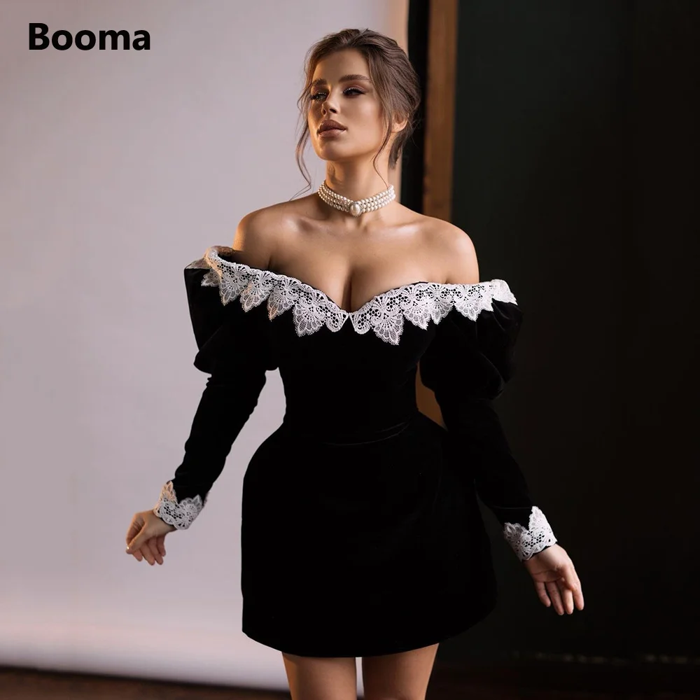 Booma Black Off Shoulder Velvet Short Prom Dresses Long Sleeves
