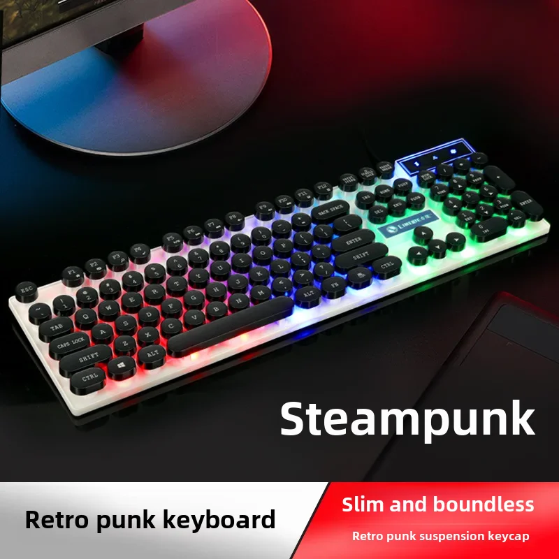 Limeide 빈티지 펑크 스타일 키보드, USB 유선 가정용 백라이트 라운드 키 캡 펑크 키보드, PC 노트북용