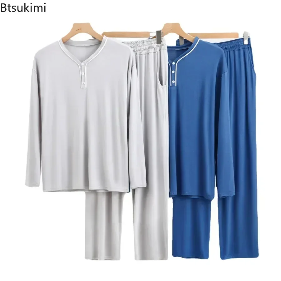 Modal Pajama Sets Men's Long Sleeve Henley Shirt Tops and Pants Home Two Pieces Soft Cozy Sleepwear Outfits Loungewear Male pajamas set man pajamas set