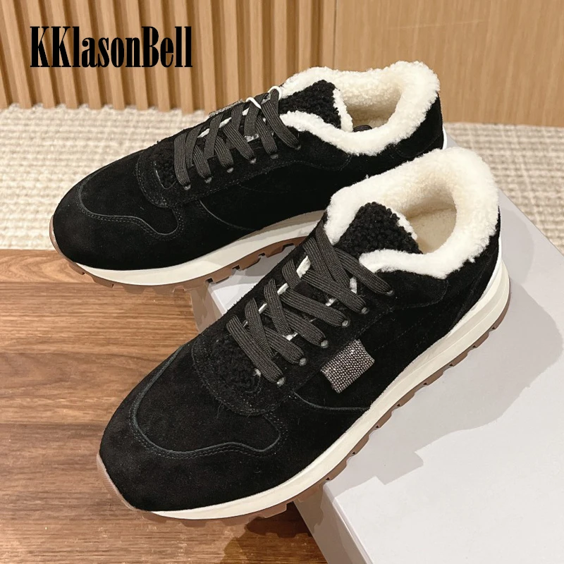 

11.4 B*C KKlasonBell High Quality Cow Suede Sneakers Fleece Lining Keep Warm Thicken Casual Shoes Women